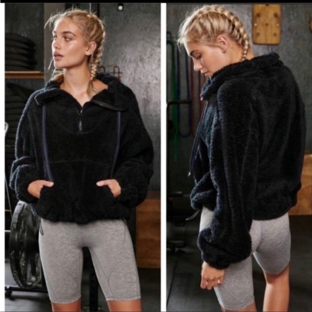 Free People Black Plush Zip Hoodie